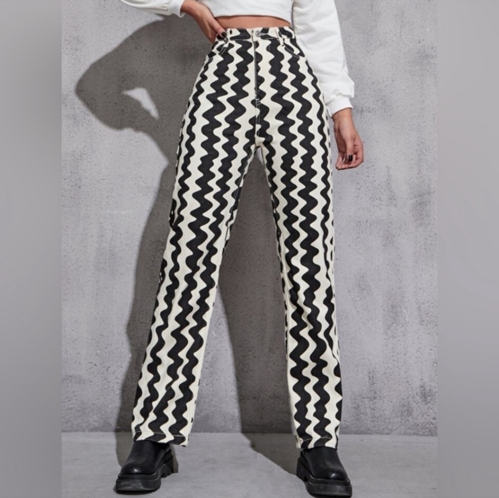 Cider Black and White Boot Cut Jeans with Chevron Pattern